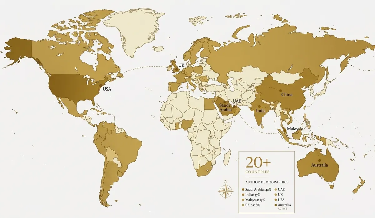 World map showing CiteWise Research authors across 20+ countries — Saudi Arabia 42%, India 37%, Malaysia 13%, China 8%, plus the UAE, USA, UK and Australia.